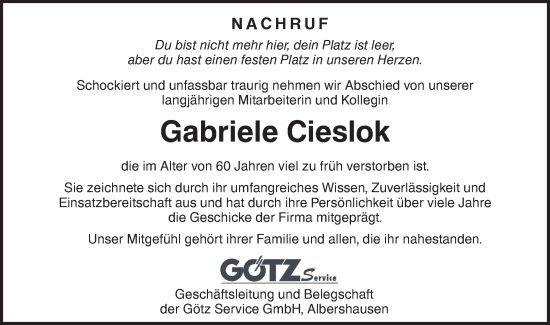 Traueranzeige von Gabriele Cieslok von NWZ Neue Württembergische Zeitung