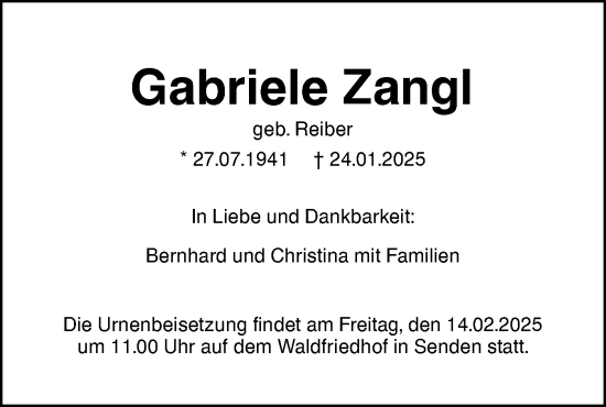 Traueranzeige von Gabriele Zangl von SÜDWEST PRESSE Ausgabe Ulm/Neu-Ulm/Neu-Ulmer Zeitung