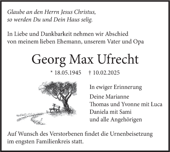 Traueranzeige von Georg  Ufrecht von SÜDWEST PRESSE Ausgabe Ulm/Neu-Ulm