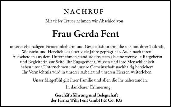 Traueranzeige von Gerda Fent von NWZ Neue Württembergische Zeitung