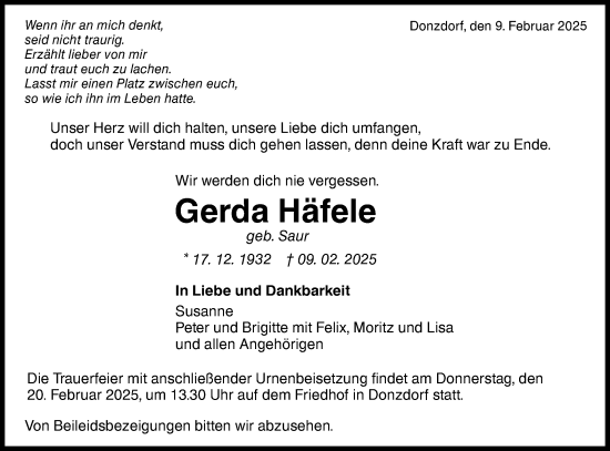 Traueranzeige von Gerda Häfele von NWZ Neue Württembergische Zeitung
