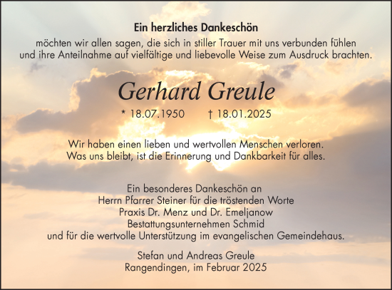 Traueranzeige von Gerhard Greule von SÜDWEST PRESSE Zollernalbkreis/Hohenzollerische Zeitung
