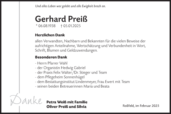 Traueranzeige von Gerhard Preiß von Hohenloher Tagblatt