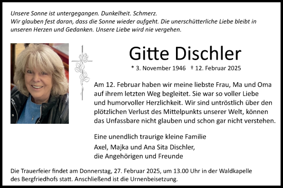 Traueranzeige von Gitte Dischler von Schwäbische Tagblatt