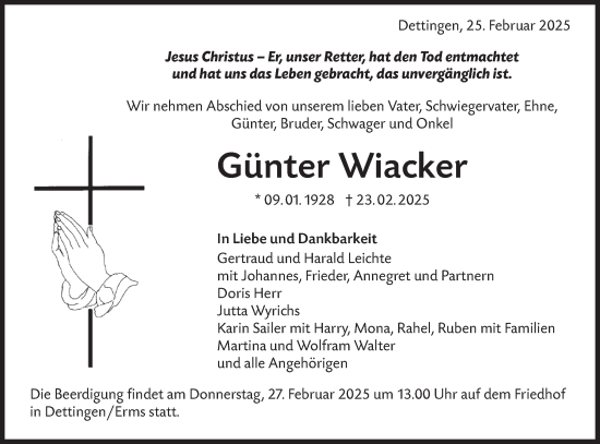 Traueranzeige von Günter Wiacker von Alb-Bote/Metzinger-Uracher Volksblatt