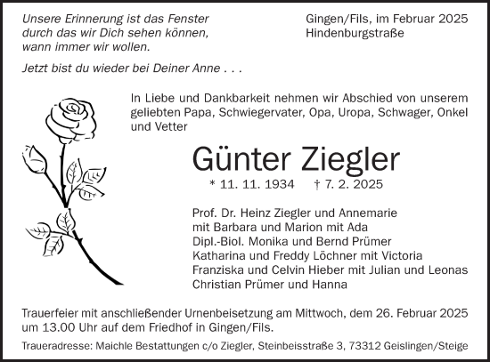 Traueranzeige von Günter Ziegler von Geislinger Zeitung