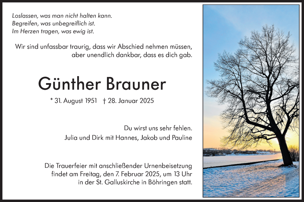  Traueranzeige für Günther Brauner vom 03.02.2025 aus Alb-Bote/Metzinger-Uracher Volksblatt