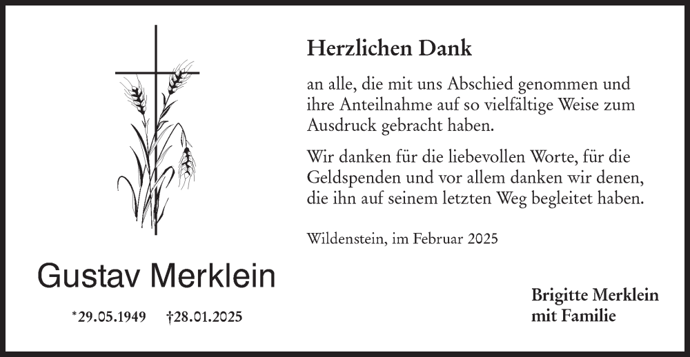  Traueranzeige für Gustav Merklein vom 13.02.2025 aus Hohenloher Tagblatt