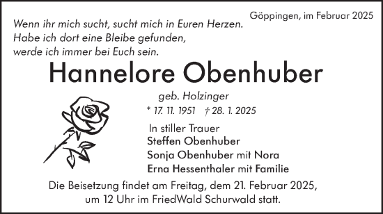 Traueranzeige von Hannelore Obenhuber von NWZ Neue Württembergische Zeitung