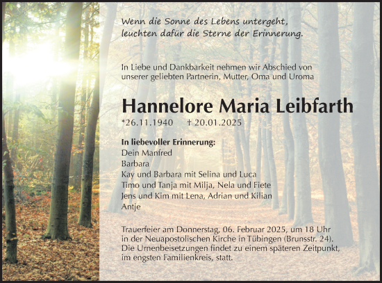 Traueranzeige von Hannelore Maria Leibfarth von Schwäbische Tagblatt