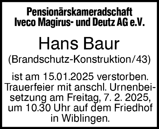 Traueranzeige von Hans Baur von SÜDWEST PRESSE Ausgabe Ulm/Neu-Ulm