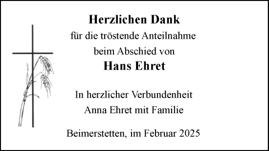 Traueranzeige von Hans Ehret von SÜDWEST PRESSE Ausgabe Ulm/Neu-Ulm