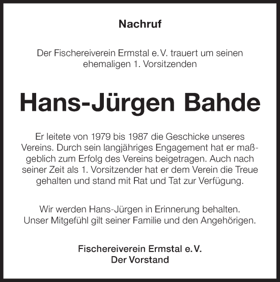 Traueranzeige von Hans-Jürgen Bahde von Alb-Bote/Metzinger-Uracher Volksblatt