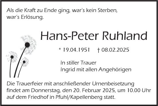Traueranzeige von Hans-Peter Ruhland von SÜDWEST PRESSE Ausgabe Ulm/Neu-Ulm