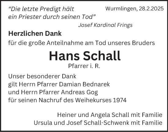 Traueranzeige von Hans Schall von Schwäbische Tagblatt