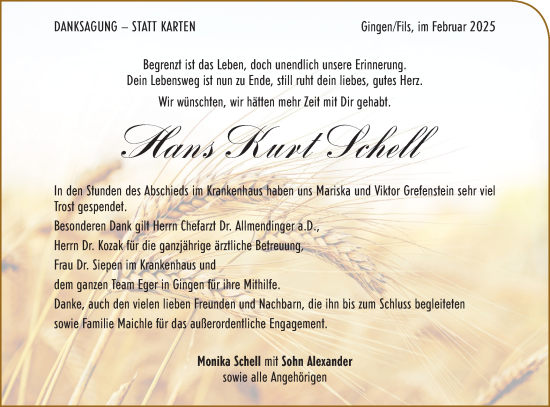 Traueranzeige von Hans Kurt Schell von Geislinger Zeitung