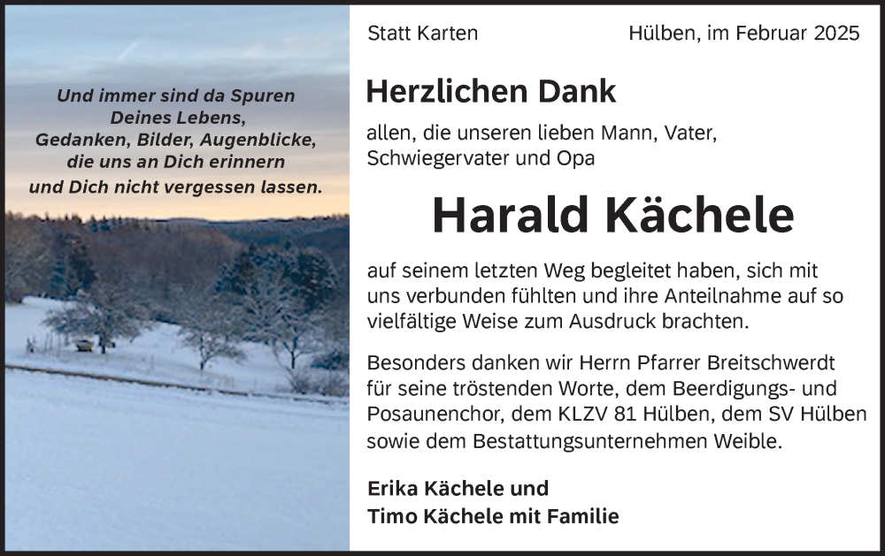  Traueranzeige für Harald Kächele vom 04.02.2025 aus Alb-Bote/Metzinger-Uracher Volksblatt