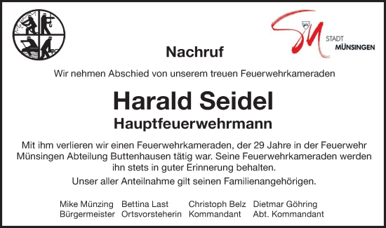 Traueranzeige von Harald Seidel von Alb-Bote/Metzinger-Uracher Volksblatt