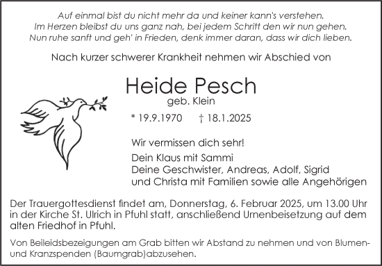 Traueranzeige von Heide Pesch von SÜDWEST PRESSE Ausgabe Ulm/Neu-Ulm