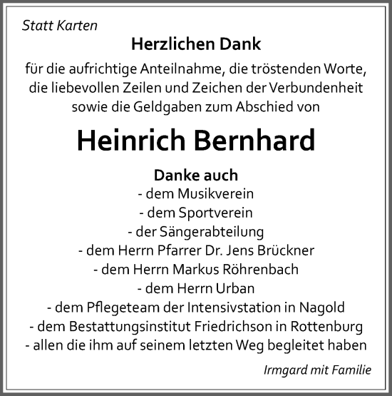 Traueranzeige von Heinrich Bernhard von Schwäbische Tagblatt