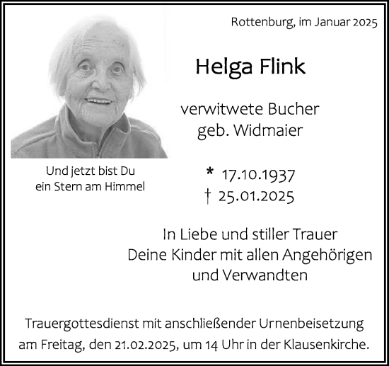 Traueranzeige von Helga Flink von Schwäbische Tagblatt