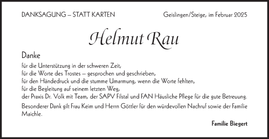 Traueranzeige von Helmut Rau von Geislinger Zeitung
