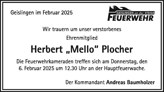 Traueranzeige von Herbert Plocher von Geislinger Zeitung