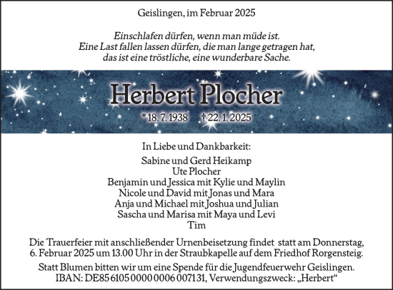 Traueranzeige von Herbert Plocher von Geislinger Zeitung
