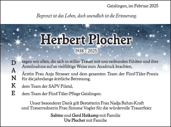 Traueranzeige von Herbert Plocher von Geislinger Zeitung