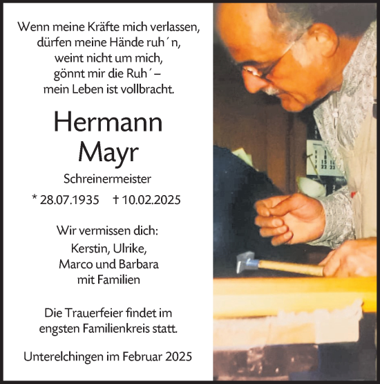 Traueranzeige von Hermann Mayr von SÜDWEST PRESSE Ausgabe Ulm/Neu-Ulm