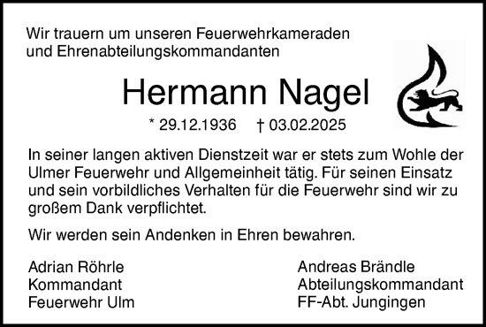 Traueranzeige von Hermann Nagel von SÜDWEST PRESSE Ausgabe Ulm/Neu-Ulm