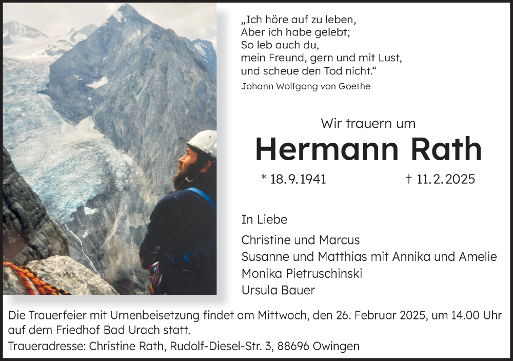  Traueranzeige für Hermann Rath vom 15.02.2025 aus Alb-Bote/Metzinger-Uracher Volksblatt
