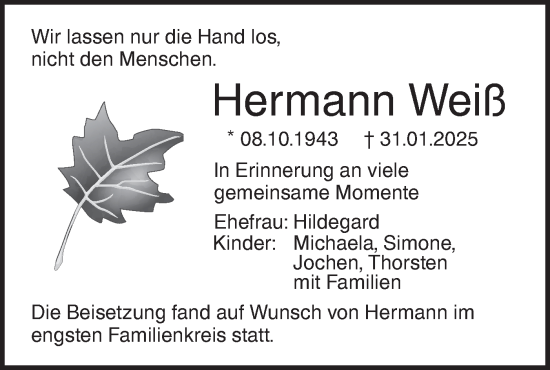 Traueranzeige von Hermann Weiß von SÜDWEST PRESSE Ausgabe Ulm/Neu-Ulm