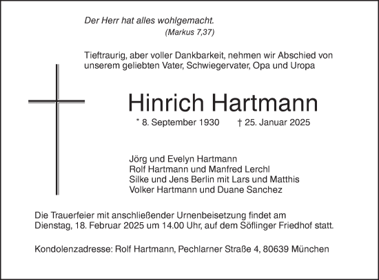 Traueranzeige von Hinrich Hartmann von SÜDWEST PRESSE Ausgabe Ulm/Neu-Ulm