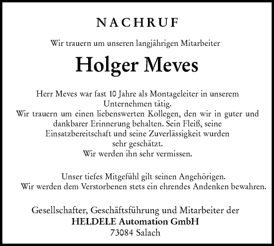 Traueranzeige von Holger Meves von NWZ Neue Württembergische Zeitung