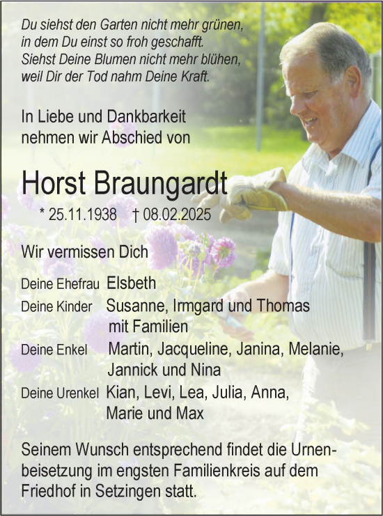 Traueranzeige von Horst Braungardt von SÜDWEST PRESSE Ausgabe Ulm/Neu-Ulm