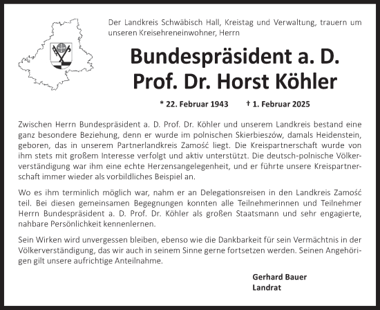 Traueranzeige von Horst Köhler von Hohenloher Tagblatt/Haller Tagblatt/Rundschau Gaildorf