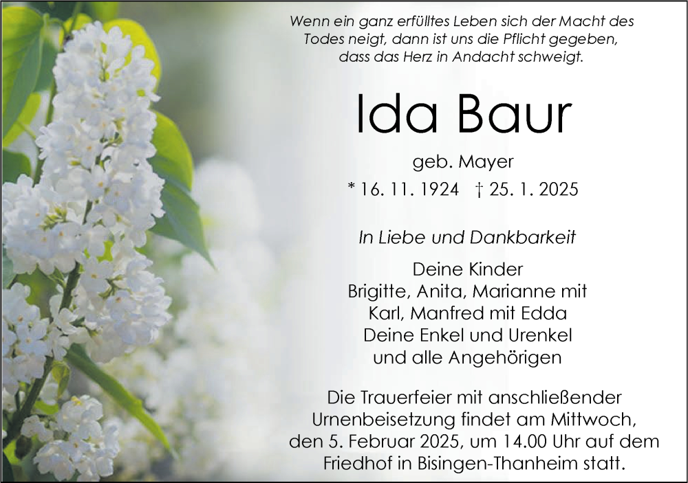  Traueranzeige für Ida Baur vom 01.02.2025 aus SÜDWEST PRESSE Zollernalbkreis/Hohenzollerische Zeitung