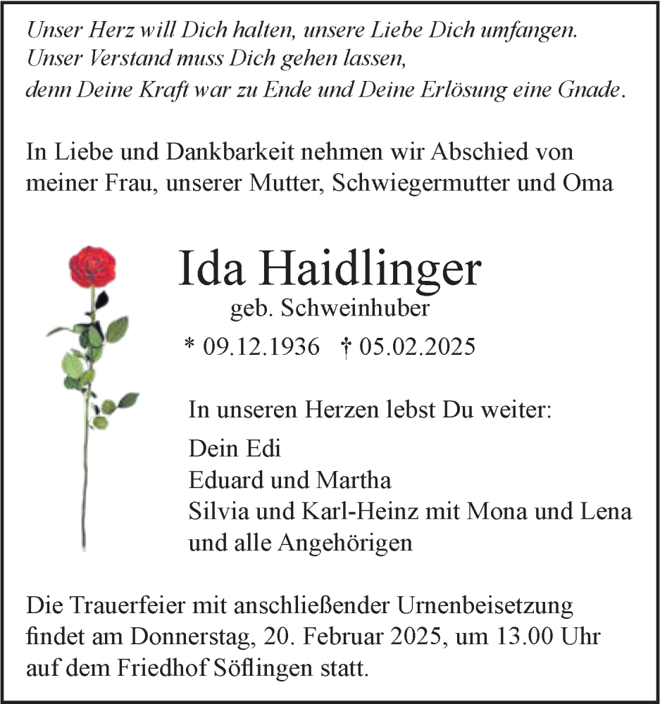  Traueranzeige für Ida Haidlinger vom 15.02.2025 aus SÜDWEST PRESSE Ausgabe Ulm/Neu-Ulm