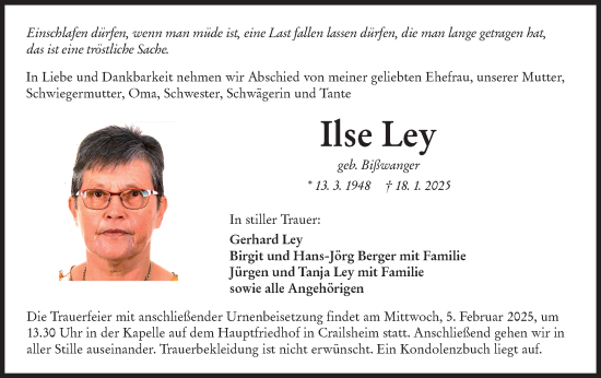 Traueranzeige von Ilse Ley von Hohenloher Tagblatt