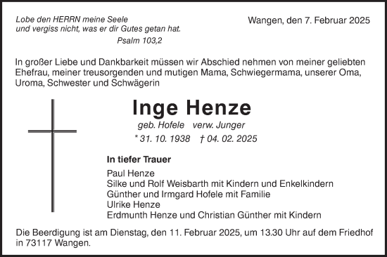 Traueranzeige von Inge Henze von NWZ Neue Württembergische Zeitung