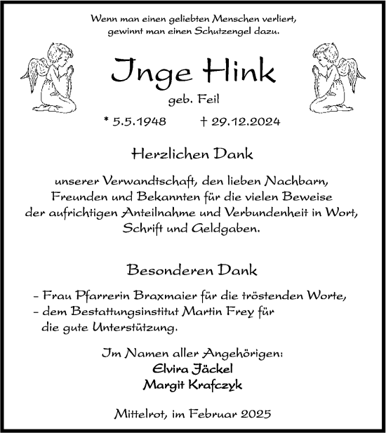 Traueranzeige von Inge Hink von Rundschau Gaildorf