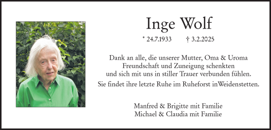 Traueranzeige von Inge Wolf von SÜDWEST PRESSE Ausgabe Ulm/Neu-Ulm
