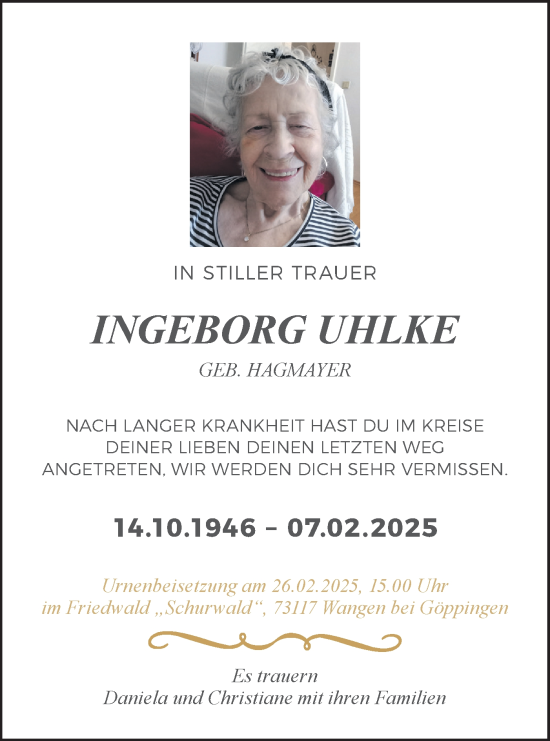 Traueranzeige von Ingeborg Uhlke von Das Blaumännle