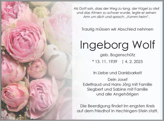 Traueranzeige von Ingeborg Wolf von SÜDWEST PRESSE Zollernalbkreis/Hohenzollerische Zeitung