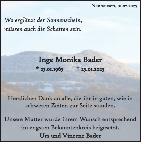 Traueranzeige von Inge Monika Bader von Alb-Bote/Metzinger-Uracher Volksblatt