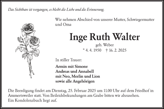 Traueranzeige von Inge Ruth Walter von Haller Tagblatt
