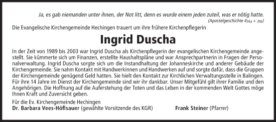 Traueranzeige von Ingrid Duscha von SÜDWEST PRESSE Zollernalbkreis/Hohenzollerische Zeitung