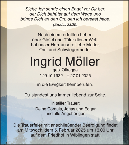 Traueranzeige von Ingrid Möller von SÜDWEST PRESSE Ausgabe Ulm/Neu-Ulm