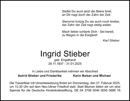 Traueranzeige von Ingrid Stieber von SÜDWEST PRESSE Ausgabe Ulm/Neu-Ulm/Neu-Ulmer Zeitung